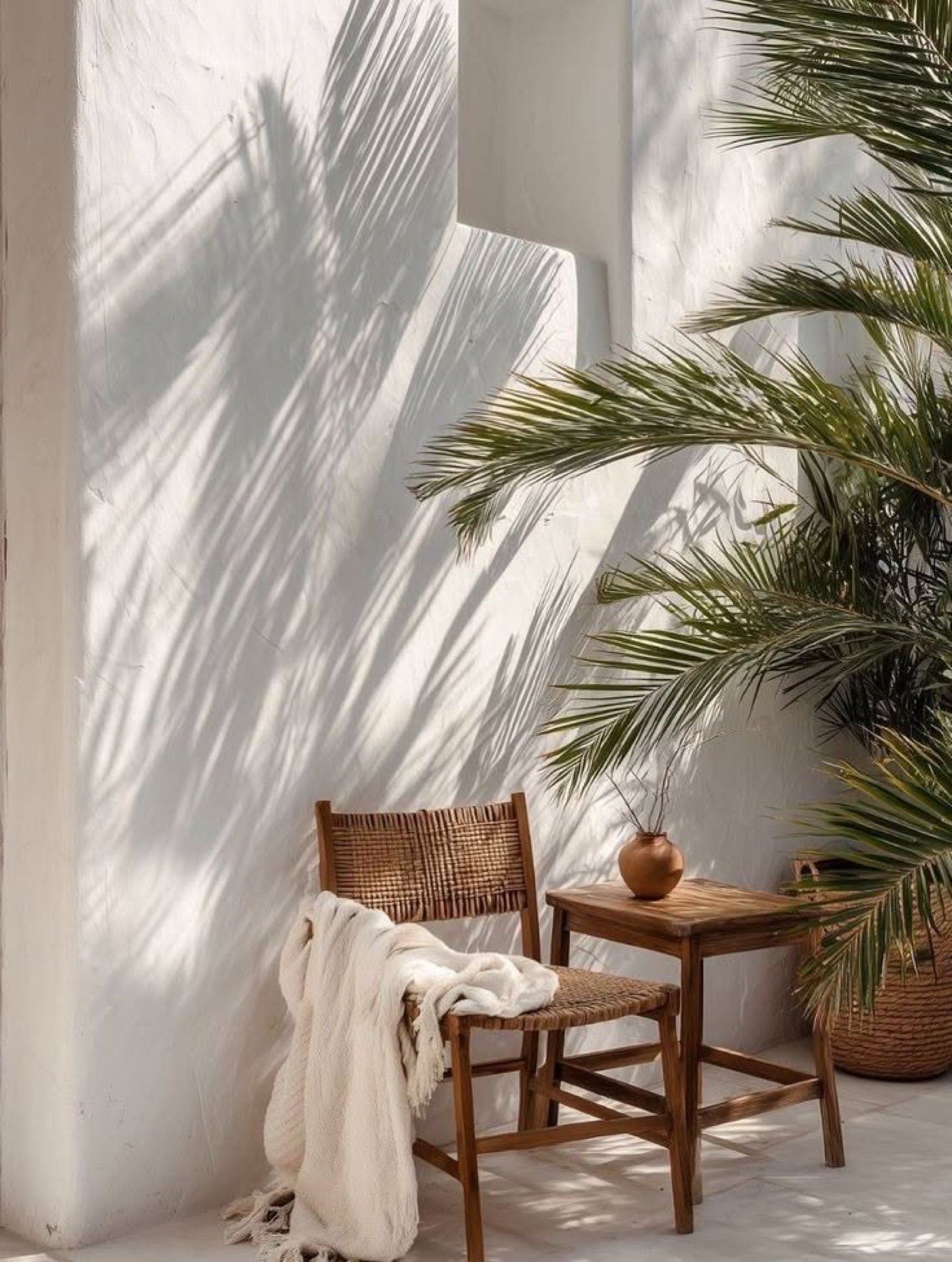 Palm shadows falling across a white plaster wall, a rattan chair and a linen throw beneath them